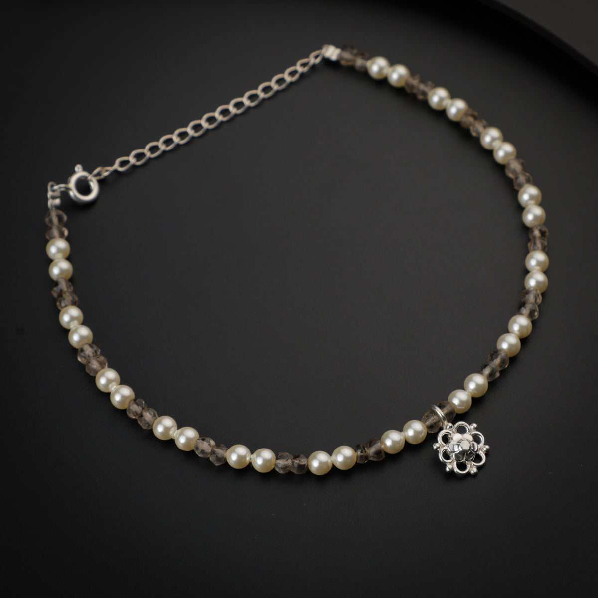 Smokey Quartz and Pearls Anklet with Flower Motif