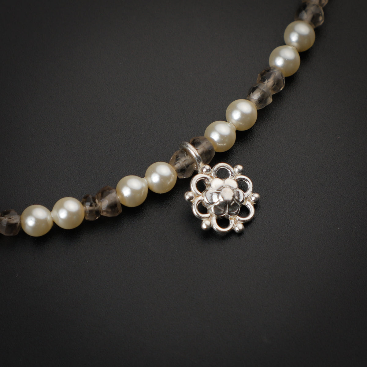 Smokey Quartz and Pearls Anklet with Flower Motif