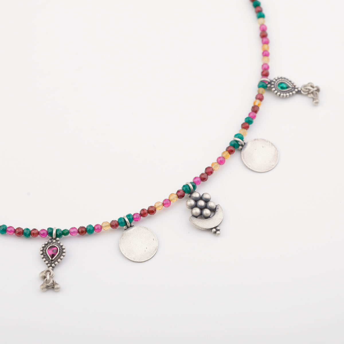 Silver 5 Charm Necklace with Multicolor Stones