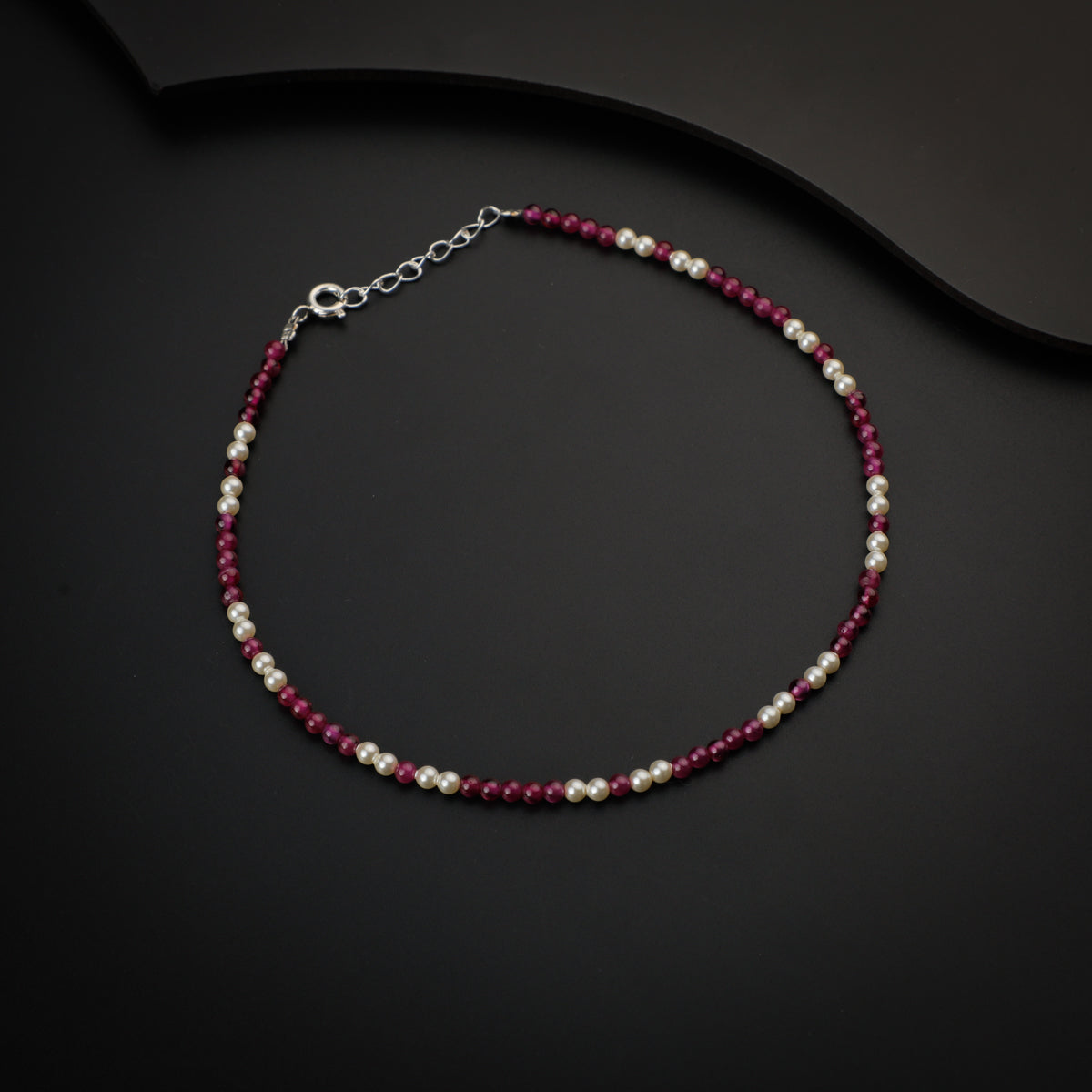 Creamy Pearls and Ruby Silver Anklet