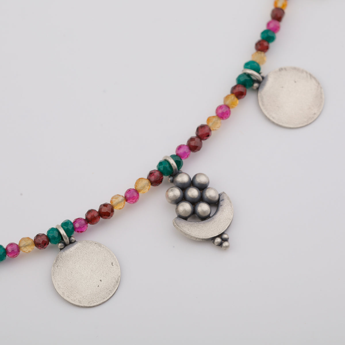 Silver 5 Charm Necklace with Multicolor Stones