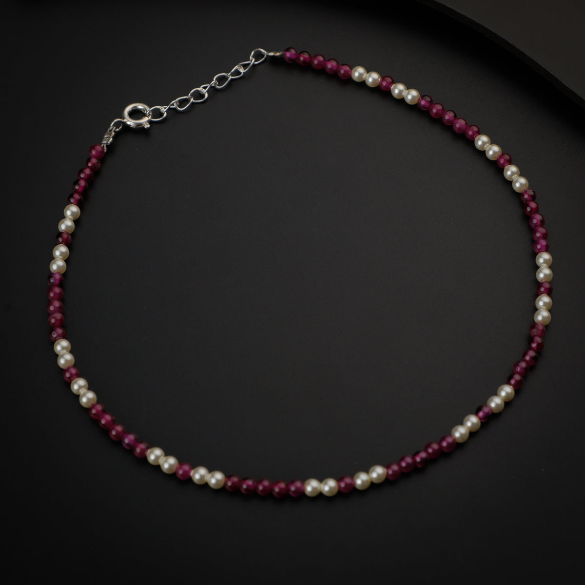 Creamy Pearls and Ruby Silver Anklet