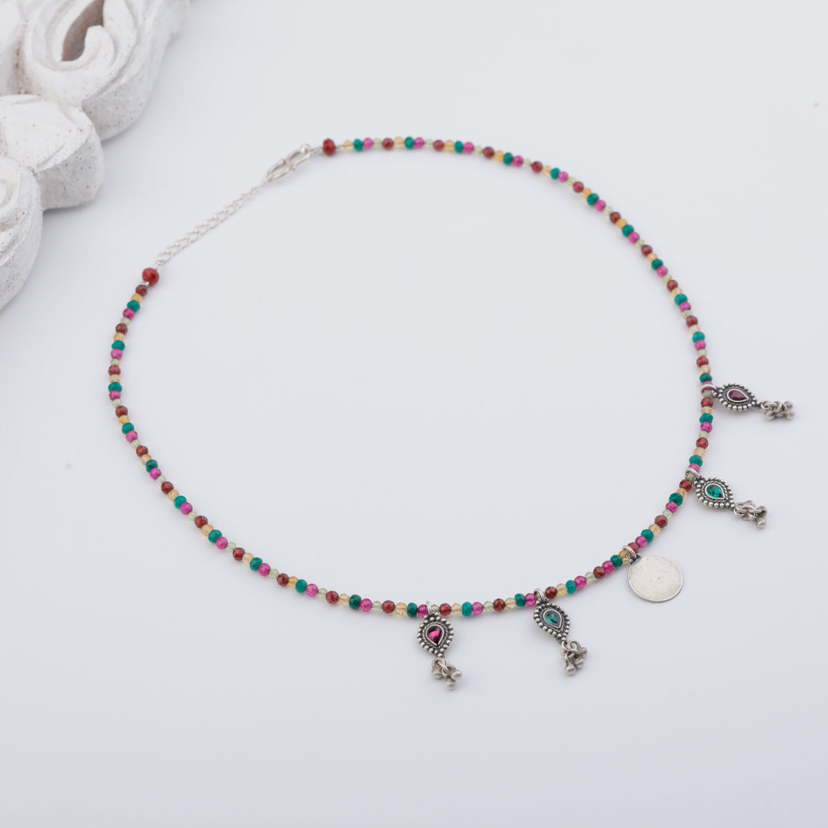 Silver 5 Charm Necklace with Multicolor Stones (Kempu Motifs)