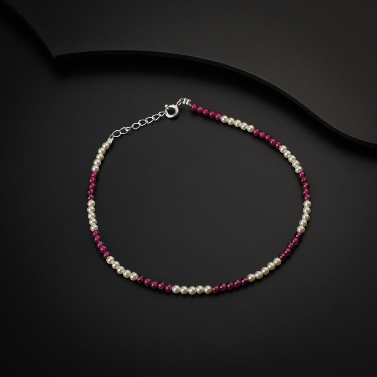 Ruby and Creamy Pearls Silver Anklet