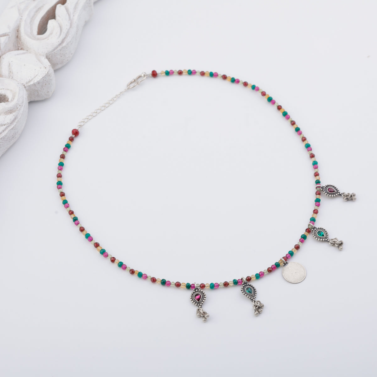 Silver 5 Charm Necklace with Multicolor Stones (Kempu Motifs)