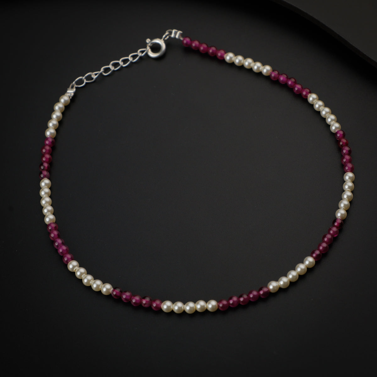 Ruby and Creamy Pearls Silver Anklet