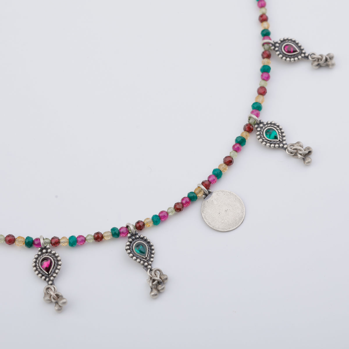 Silver 5 Charm Necklace with Multicolor Stones (Kempu Motifs)