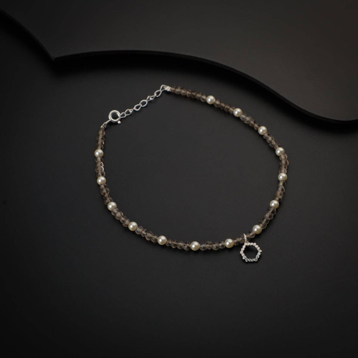 Smokey Quartz and Pearls Anklet with Hammered Motif