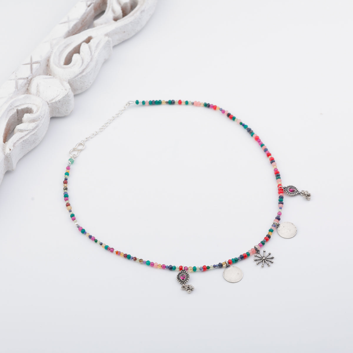 Silver 5 Charm Necklace with Multicolor Stones