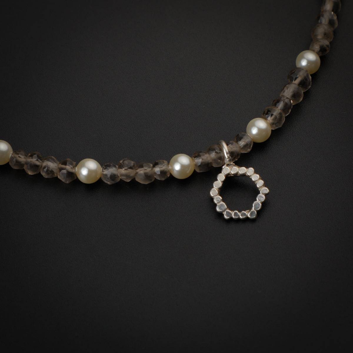 Smokey Quartz and Pearls Anklet with Hammered Motif