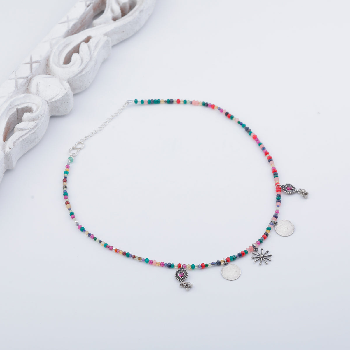 Silver 5 Charm Necklace with Multicolor Stones