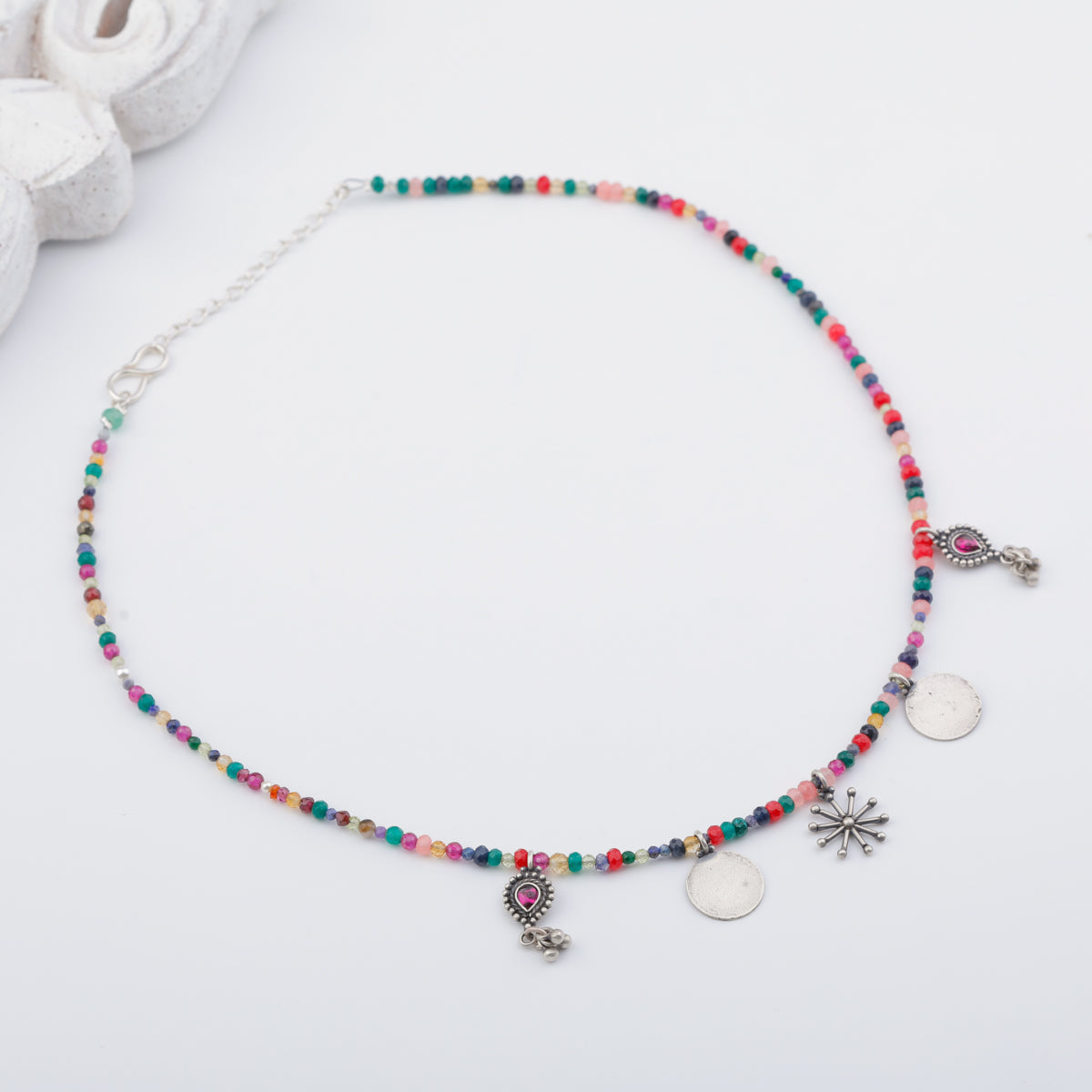 Silver 5 Charm Necklace with Multicolor Stones