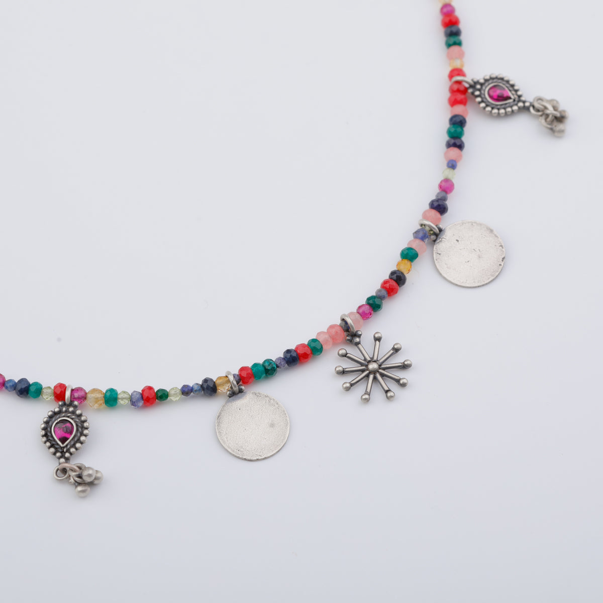 Silver 5 Charm Necklace with Multicolor Stones