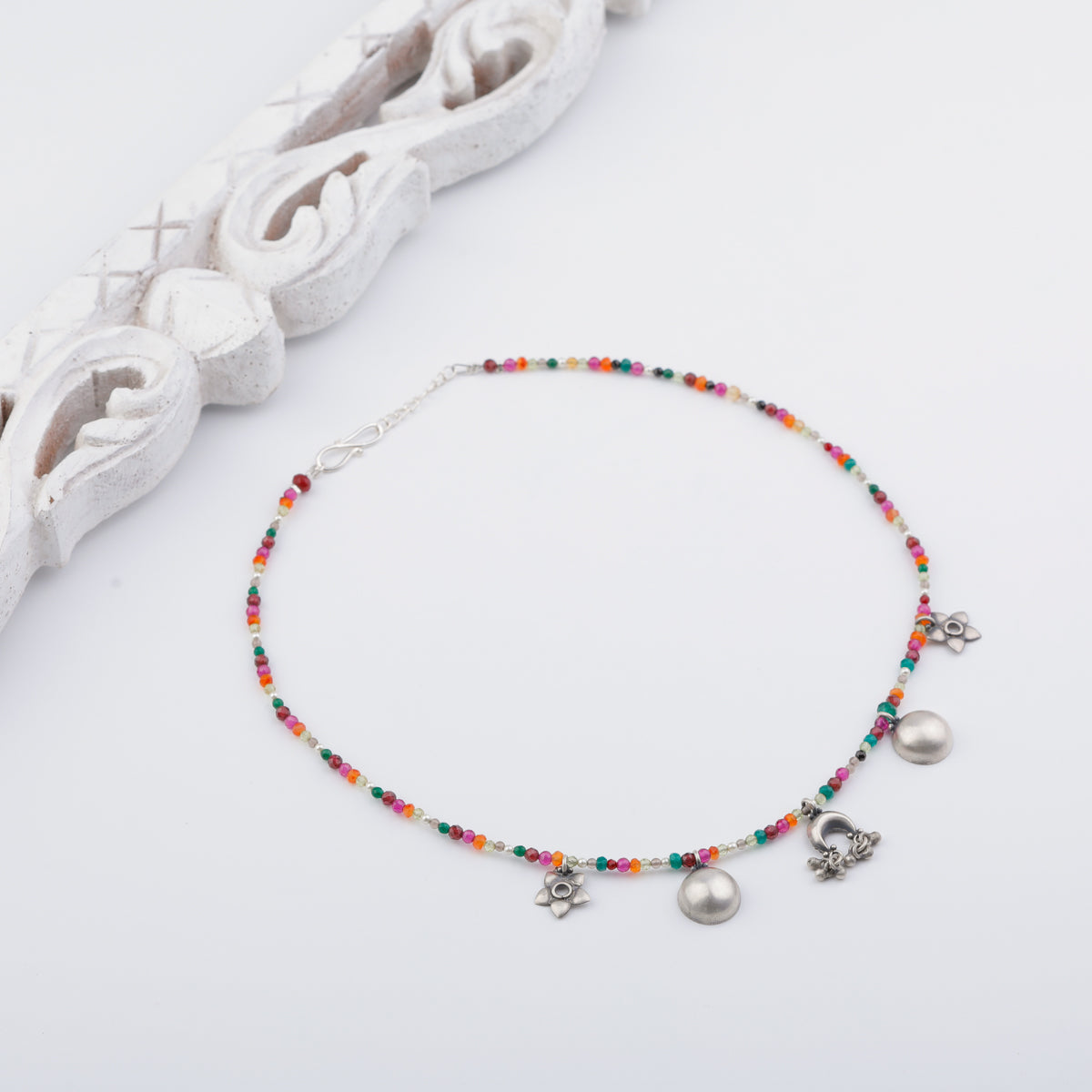 Silver 5 Charm Necklace with Multicolor Stones