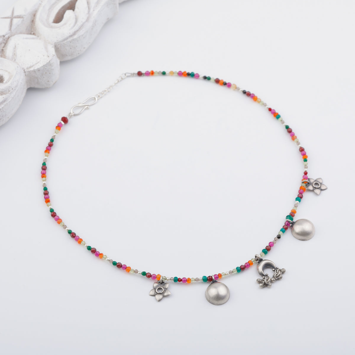 Silver 5 Charm Necklace with Multicolor Stones