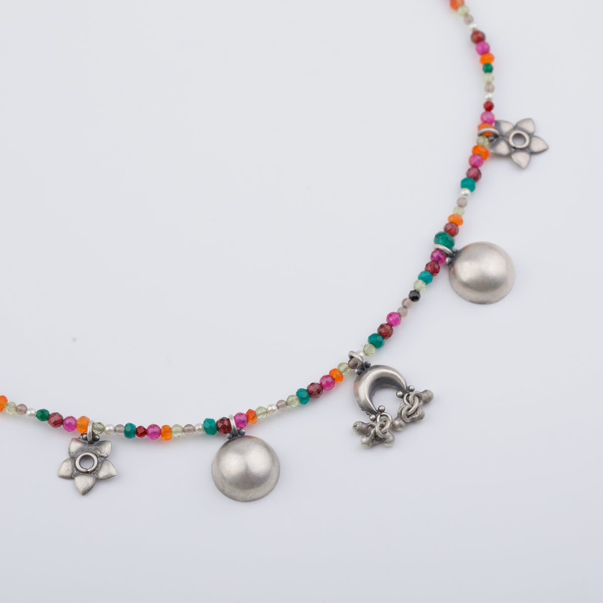 Silver 5 Charm Necklace with Multicolor Stones