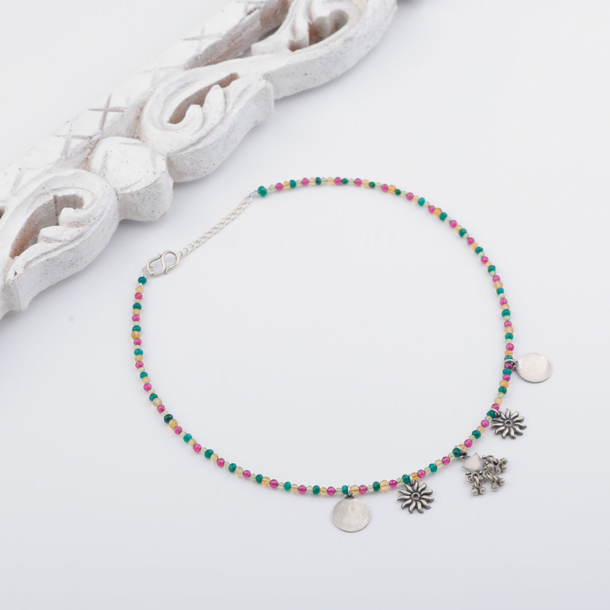 Silver 5 Charm Necklace with Multicolor Stones