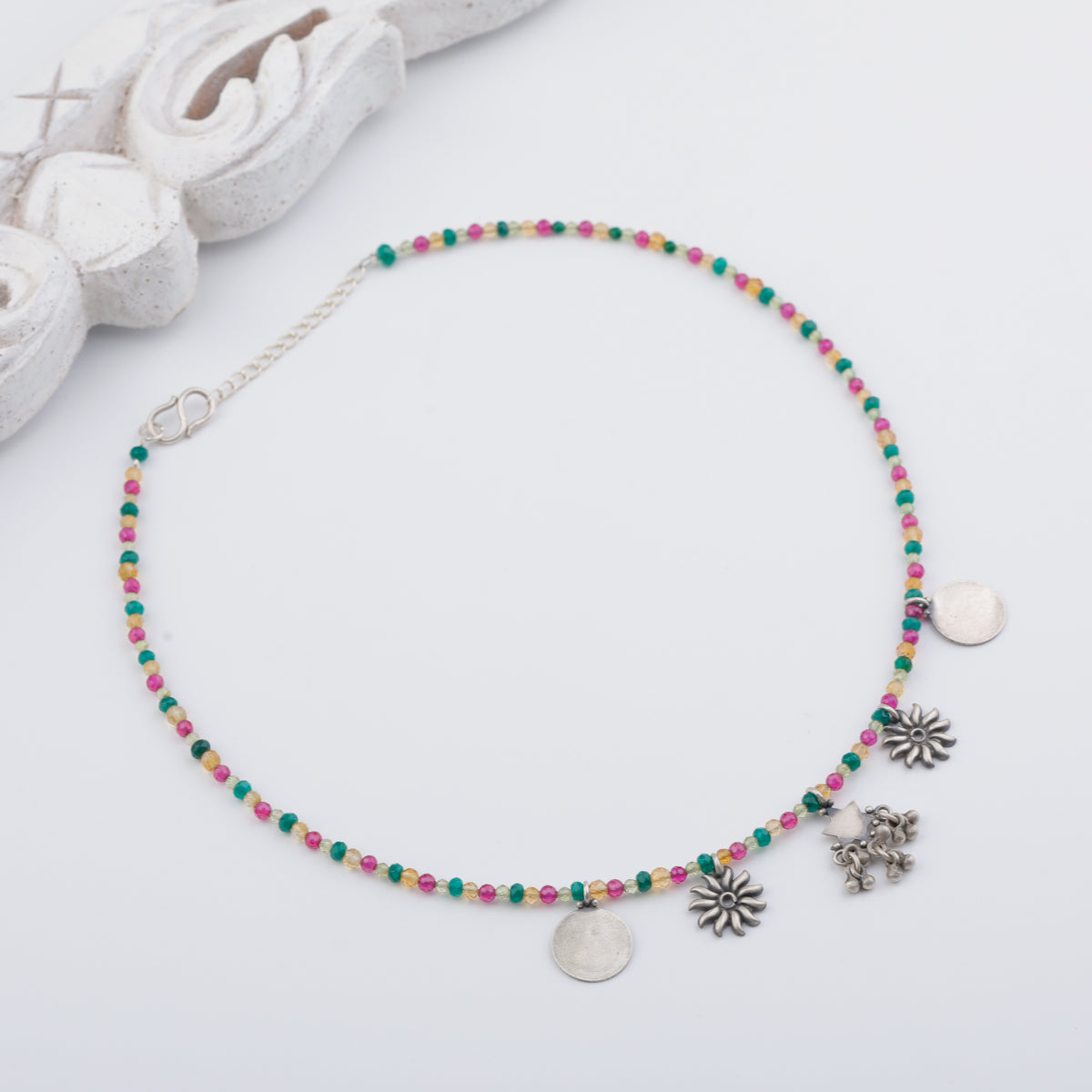 Silver 5 Charm Necklace with Multicolor Stones