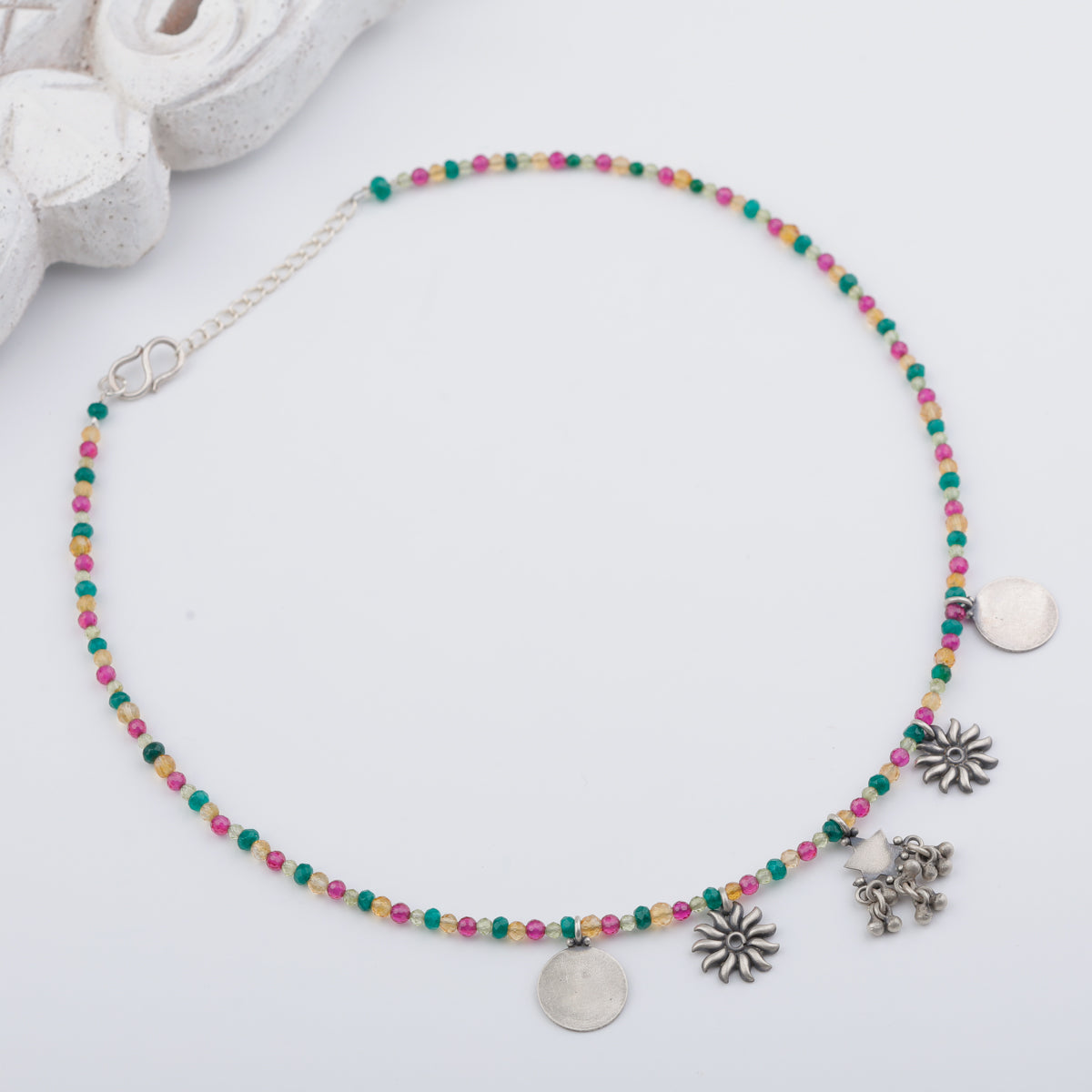 Silver 5 Charm Necklace with Multicolor Stones