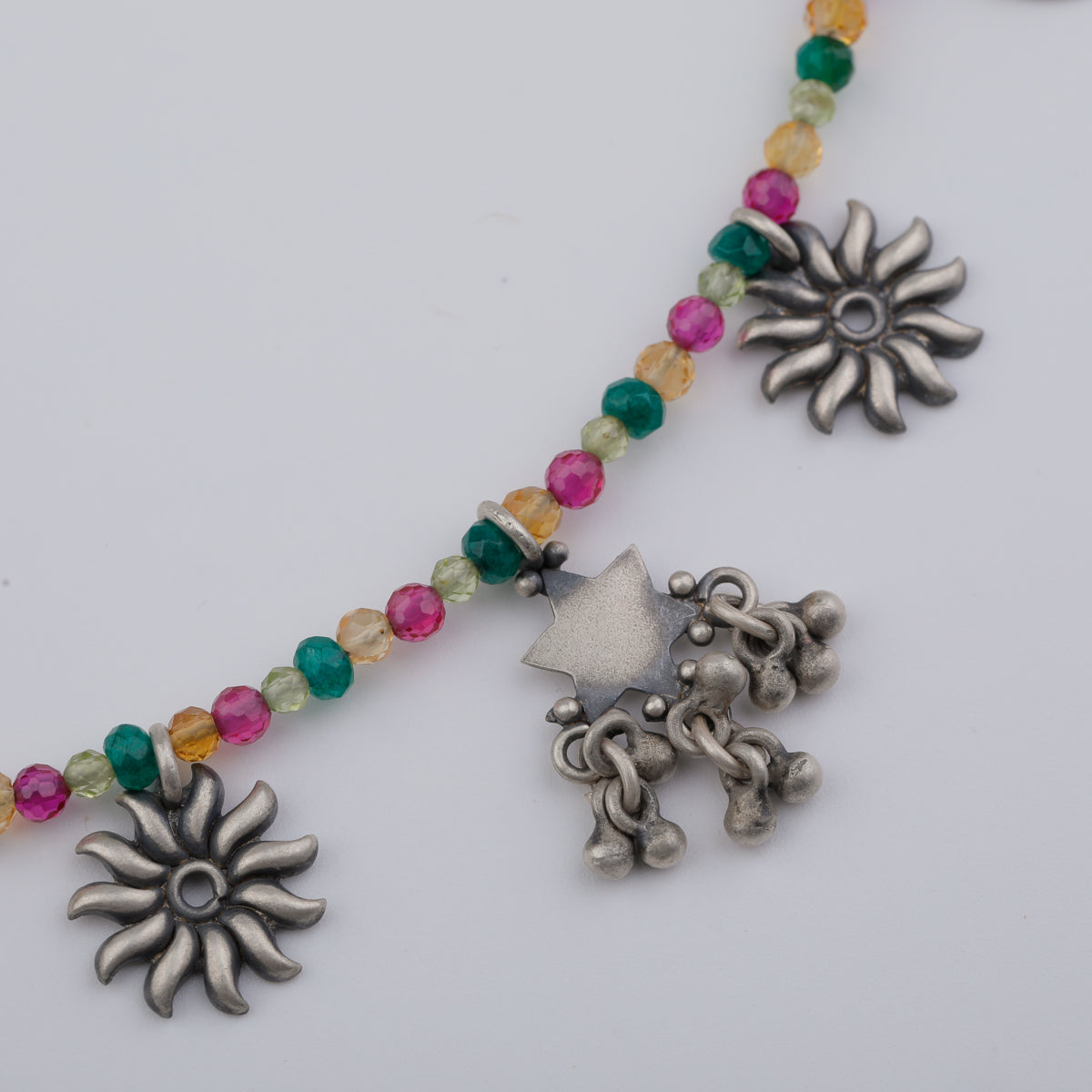 Silver 5 Charm Necklace with Multicolor Stones