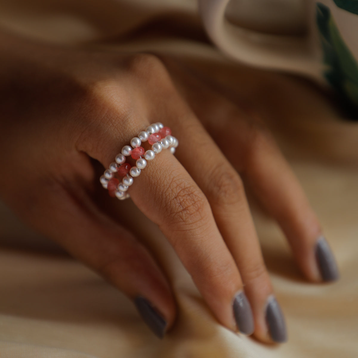 Rose Quartz and Pearls Ring