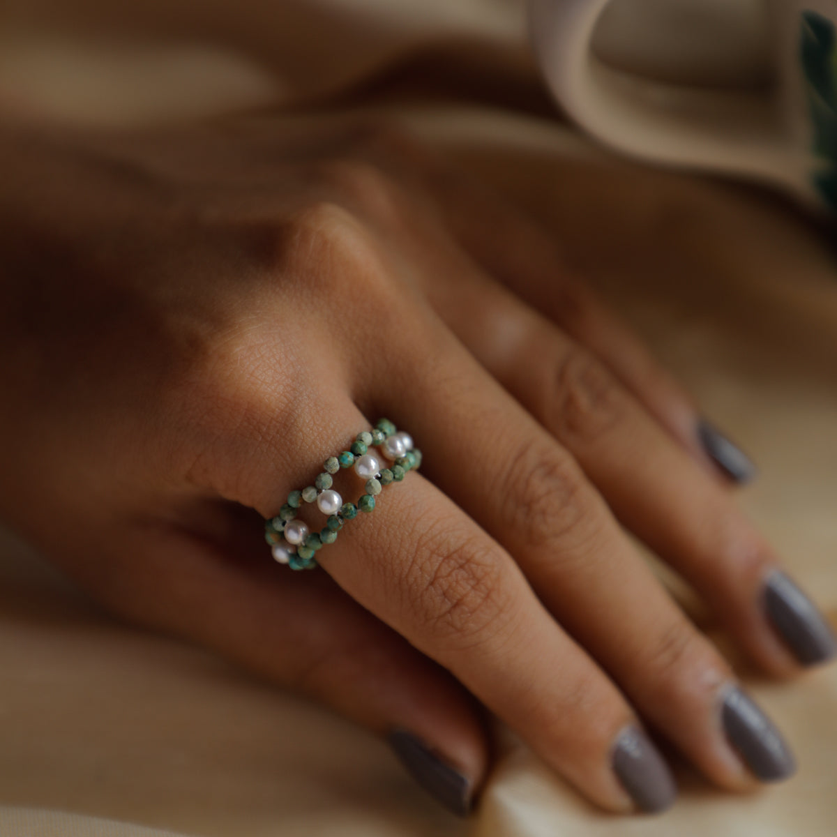 Silver Pearl Ring with Peridot Stones