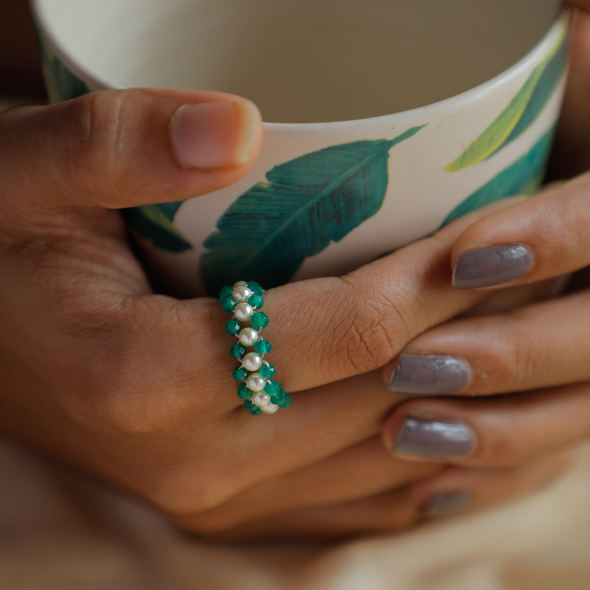 Green Onyx and Pearls Ring