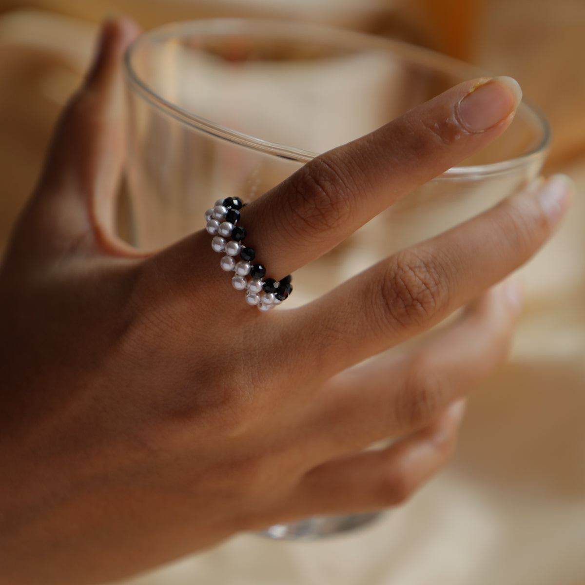 Silver Pearl Ring with Black Spinel