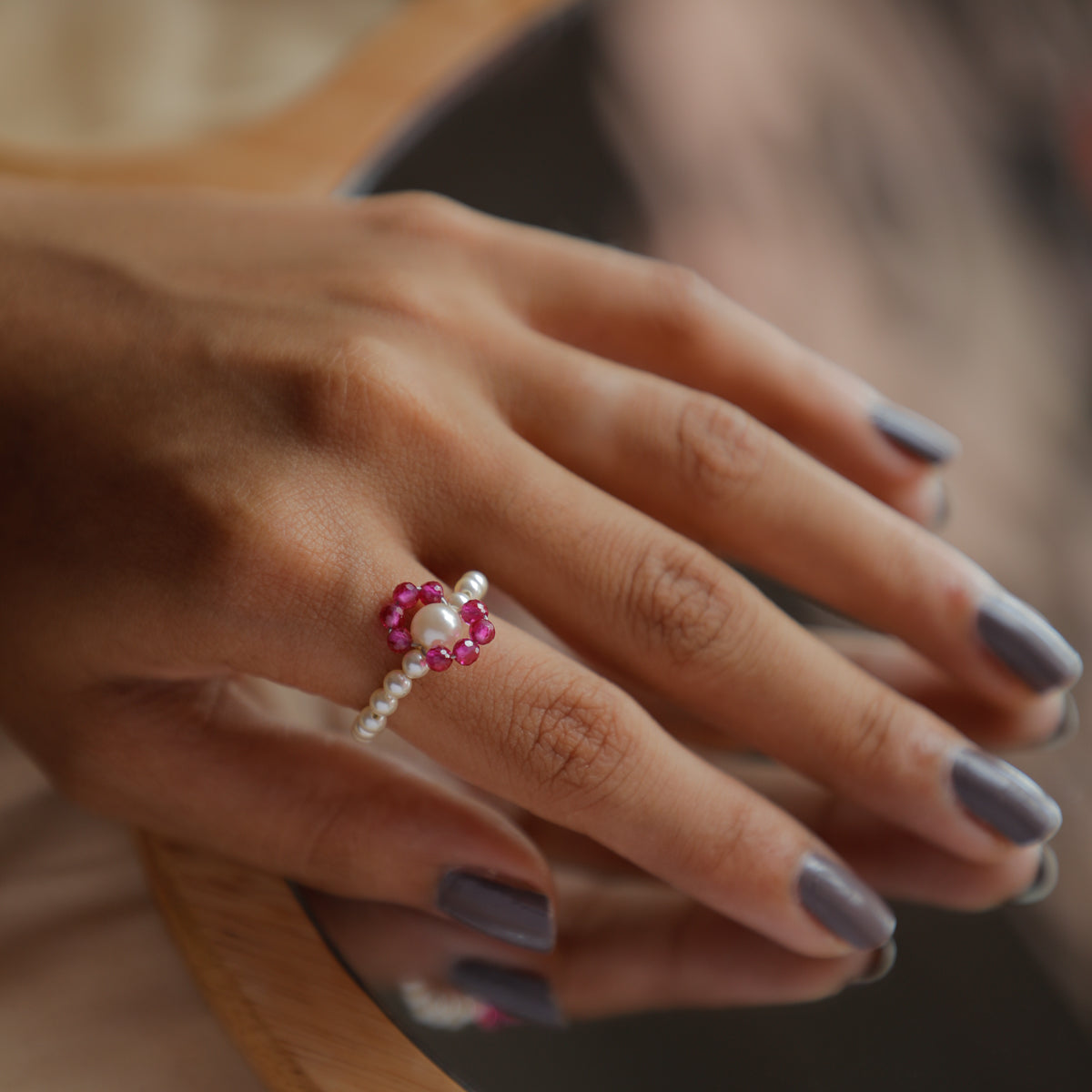 Ruby and Pearl Beaded Ring