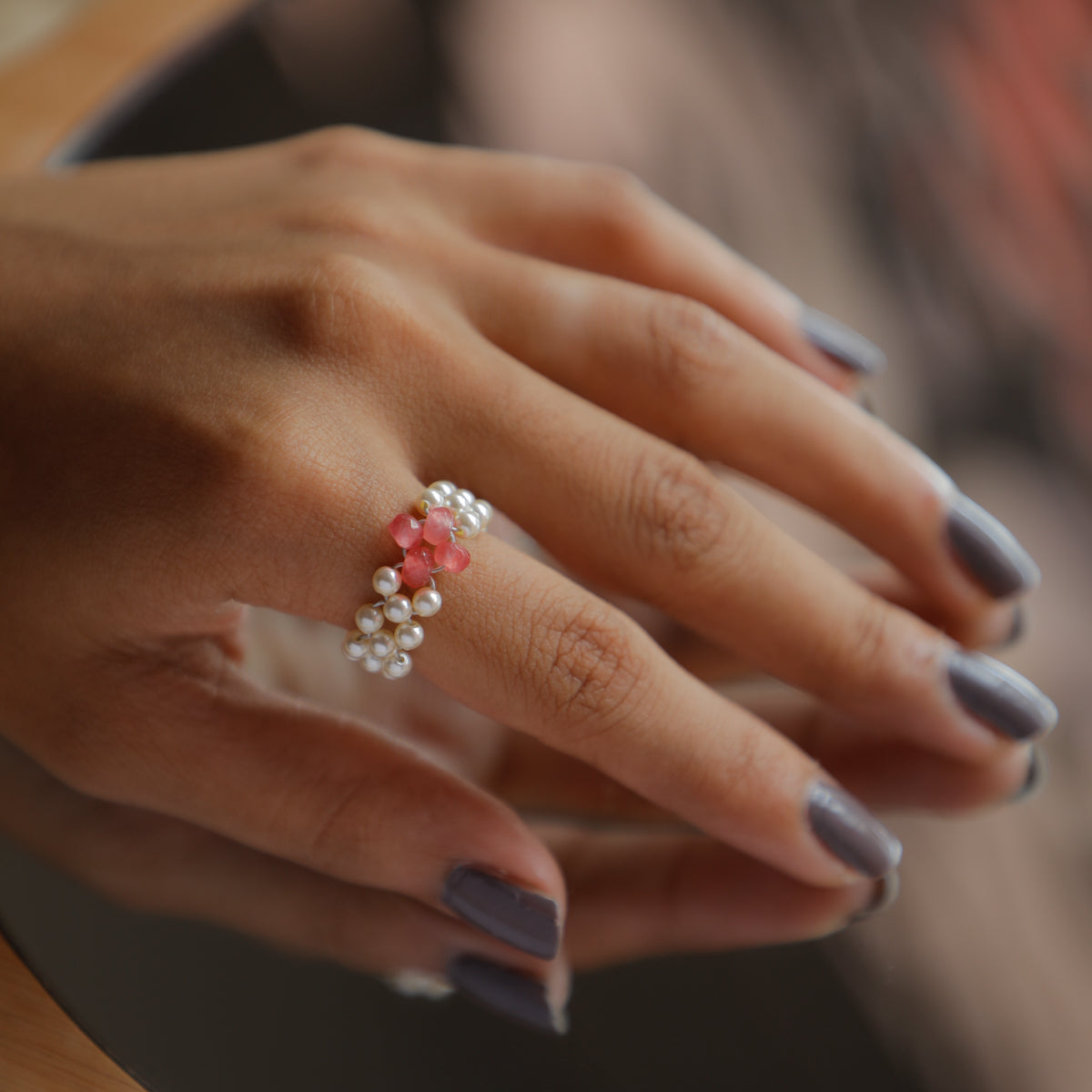 Rose Quartz and Pearls Beaded Ring