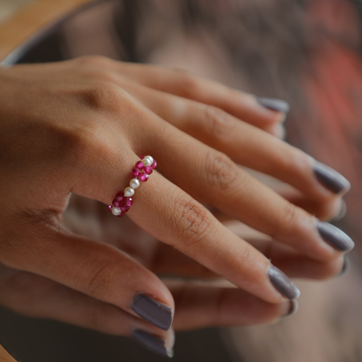 Ruby and Pearl Beaded Ring