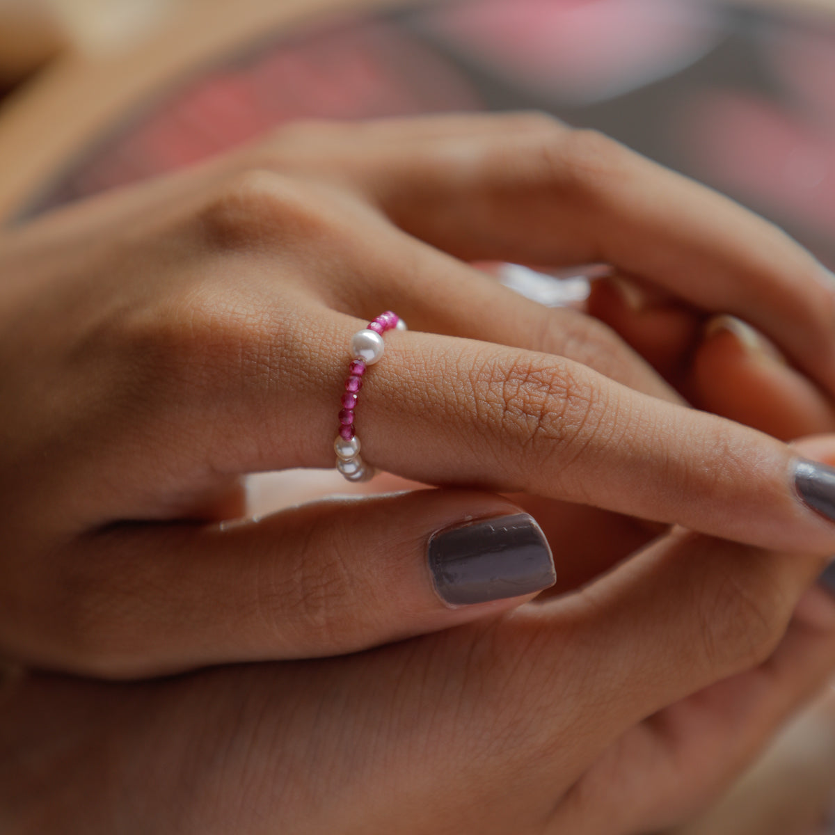 Ruby and Pearls Beaded Ring