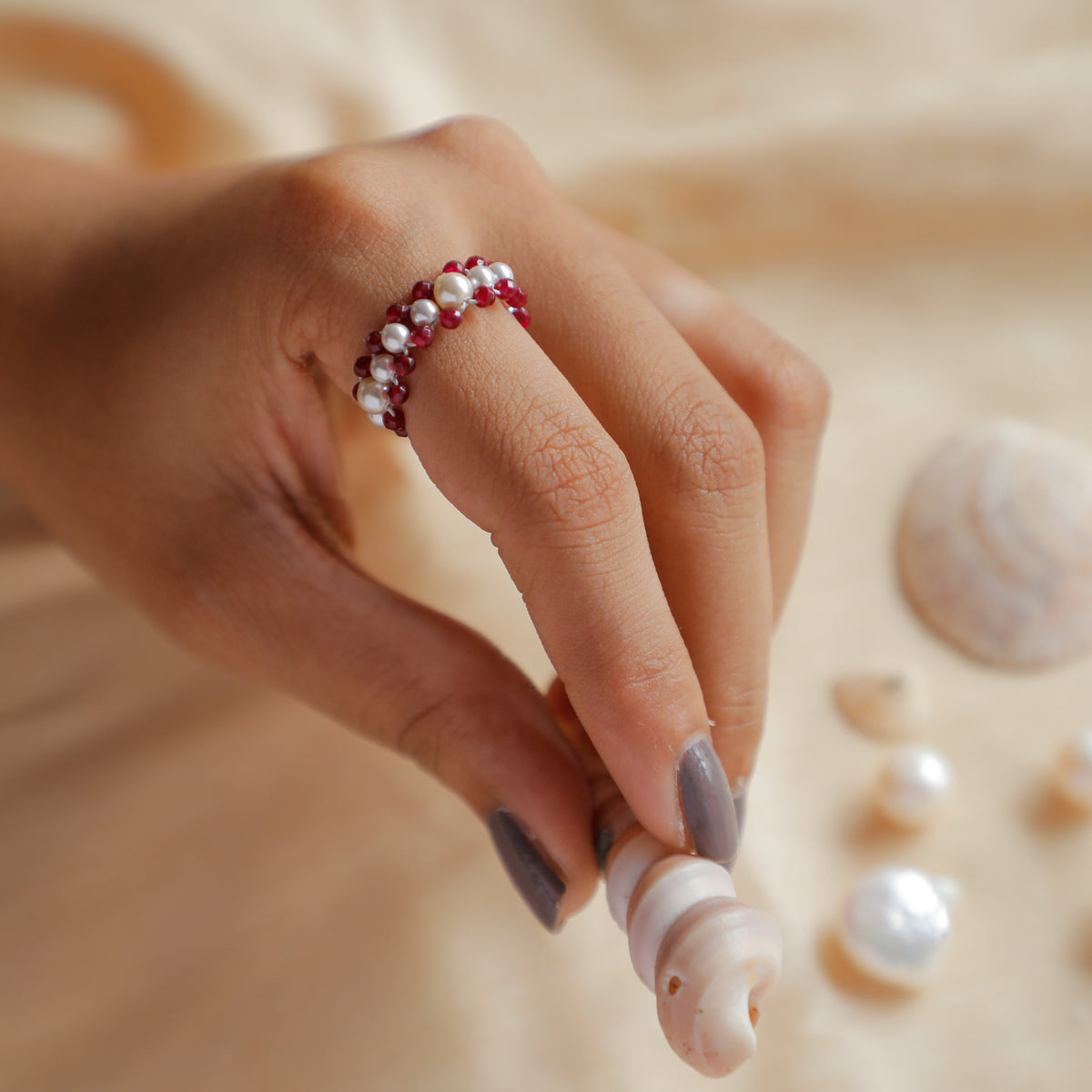 Garnet and Pearls Beaded Ring