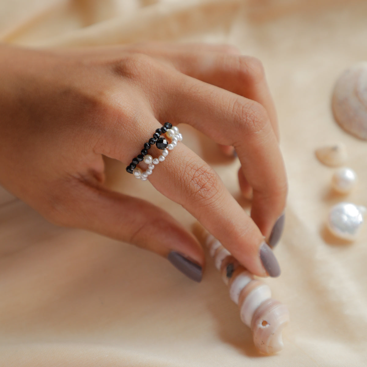 Silver Pearl Ring with Black Spinel