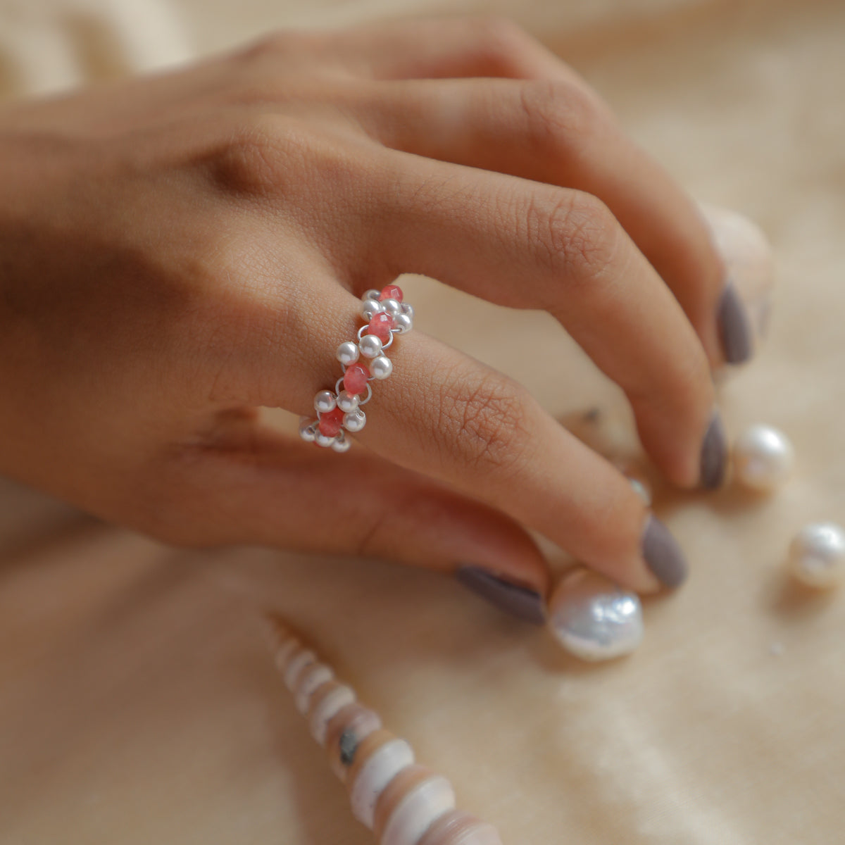 Rose Quartz and Pearls Ring