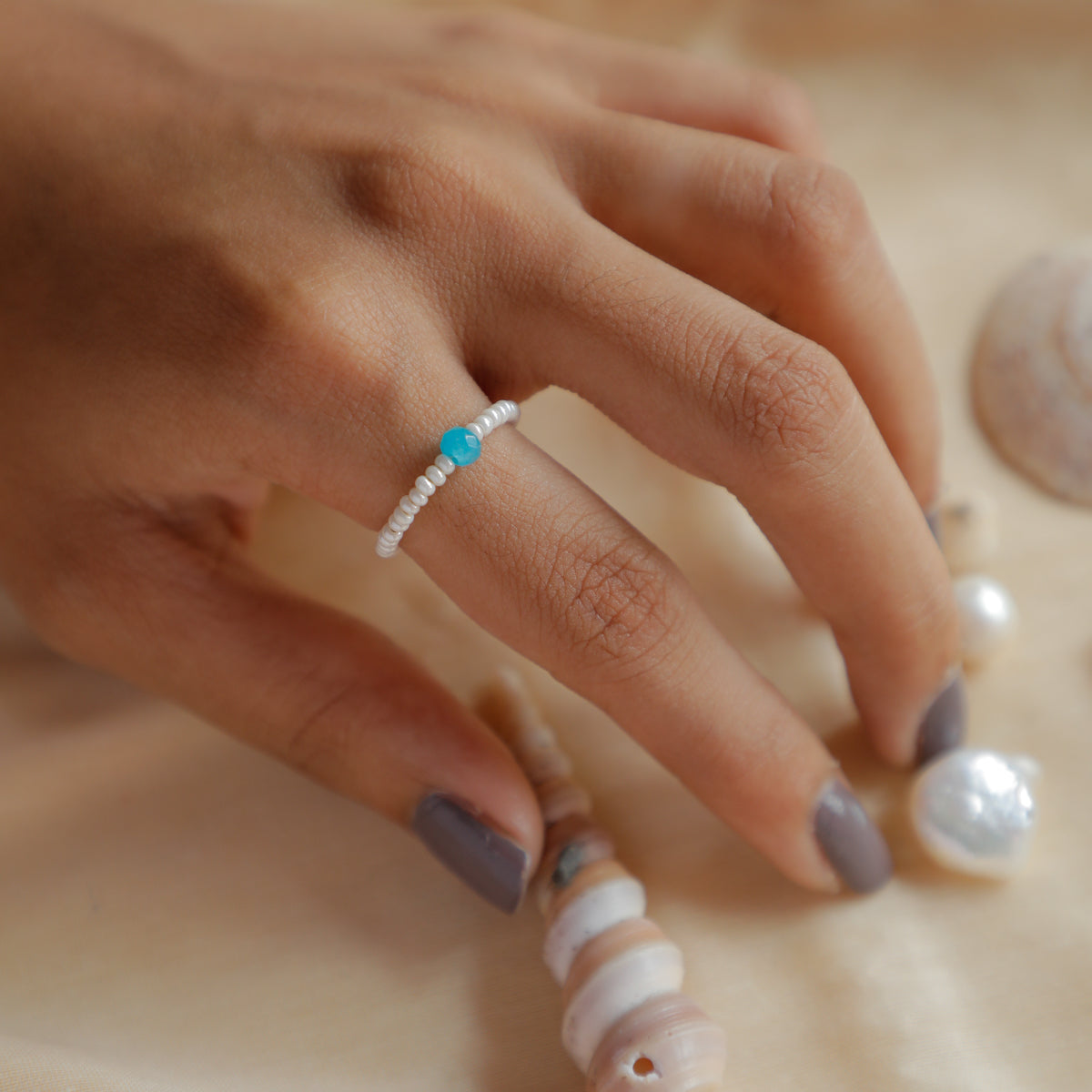 Pearls Beaded Ring with Jade