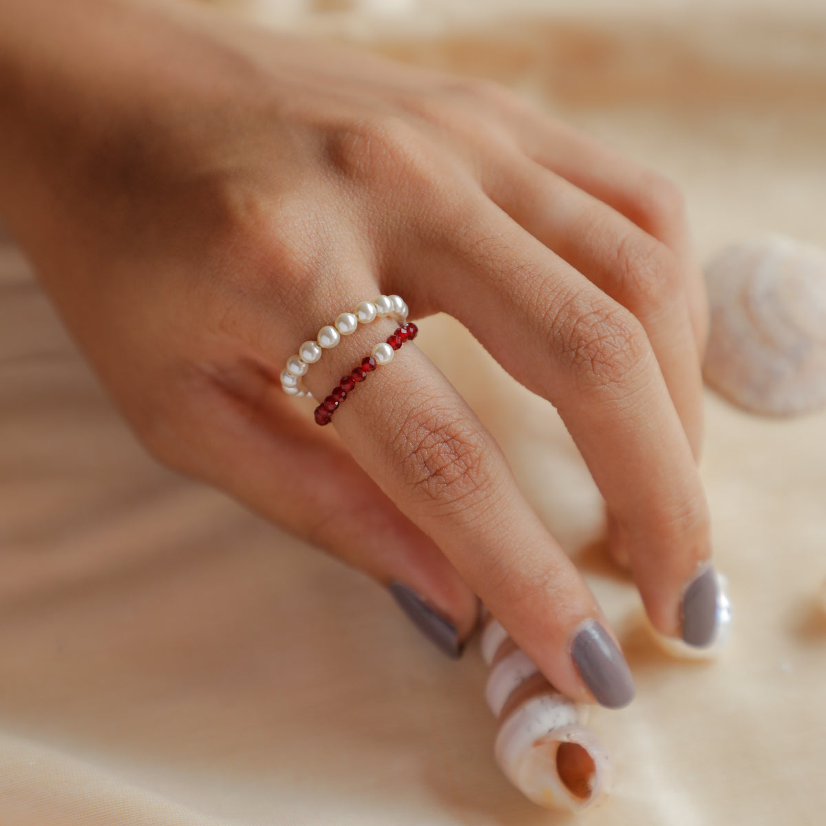 Double Layer Garnet and Pearls Beaded Ring