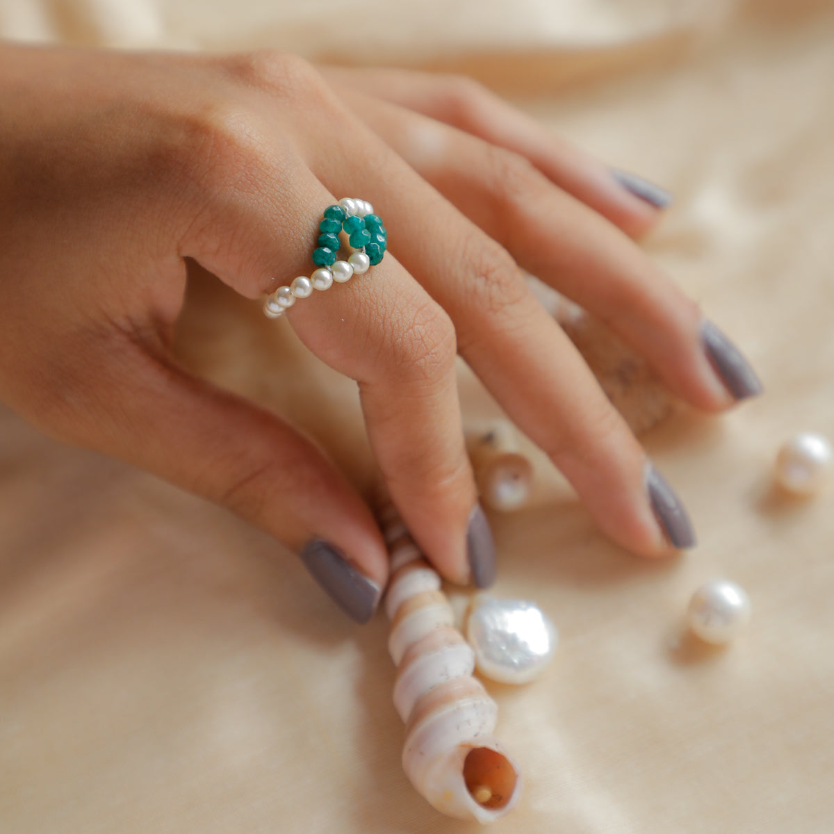 Green Onyx and Pearls Ring