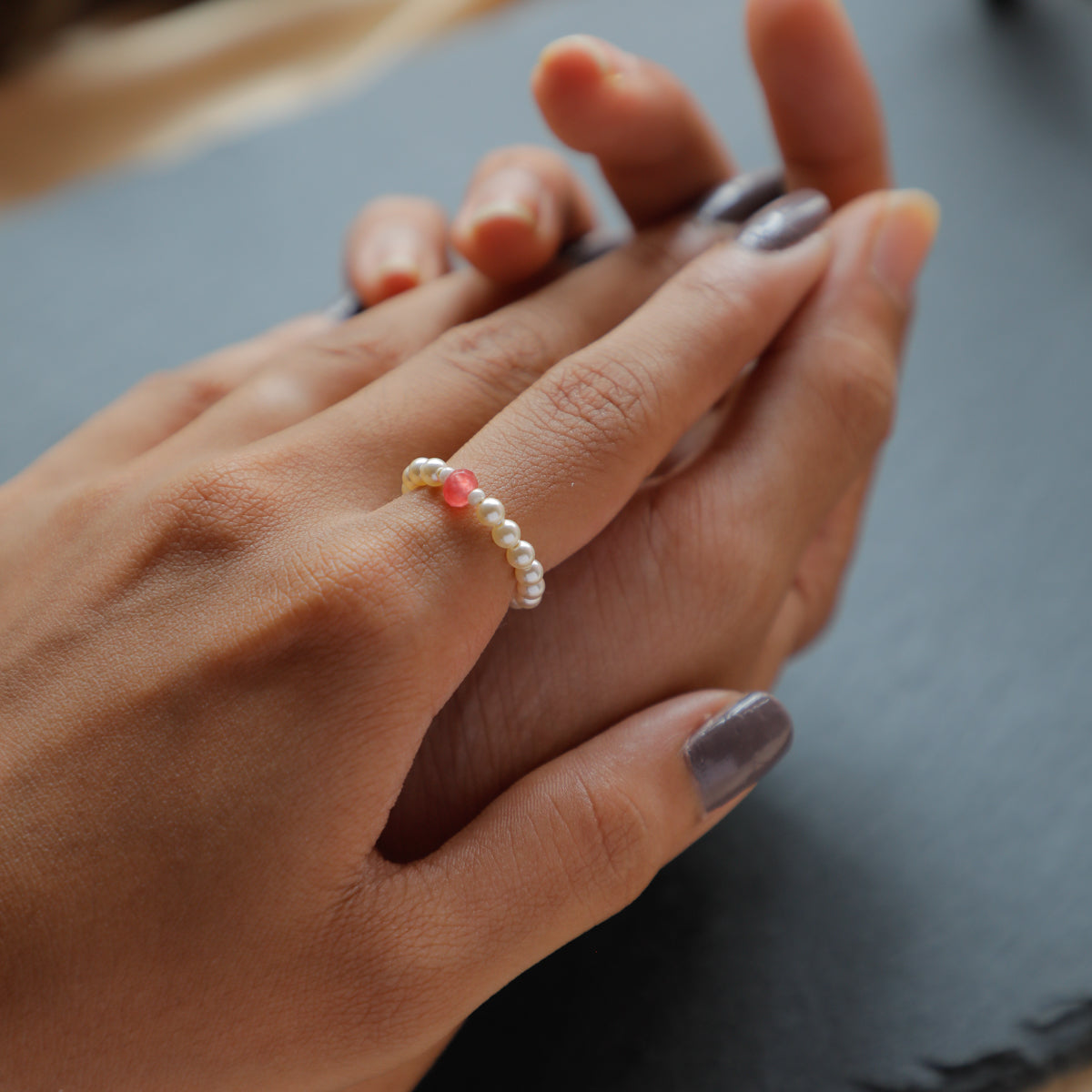 Silver Pearls Ring with Rose Quartz Stone