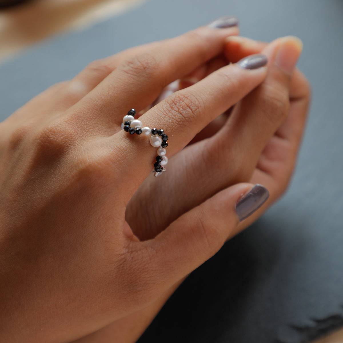 Silver Pearl Ring with Black Spinel