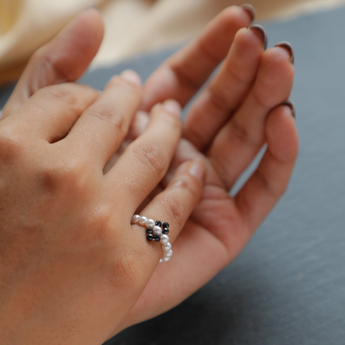 Silver Pearl Ring with Black Spinel