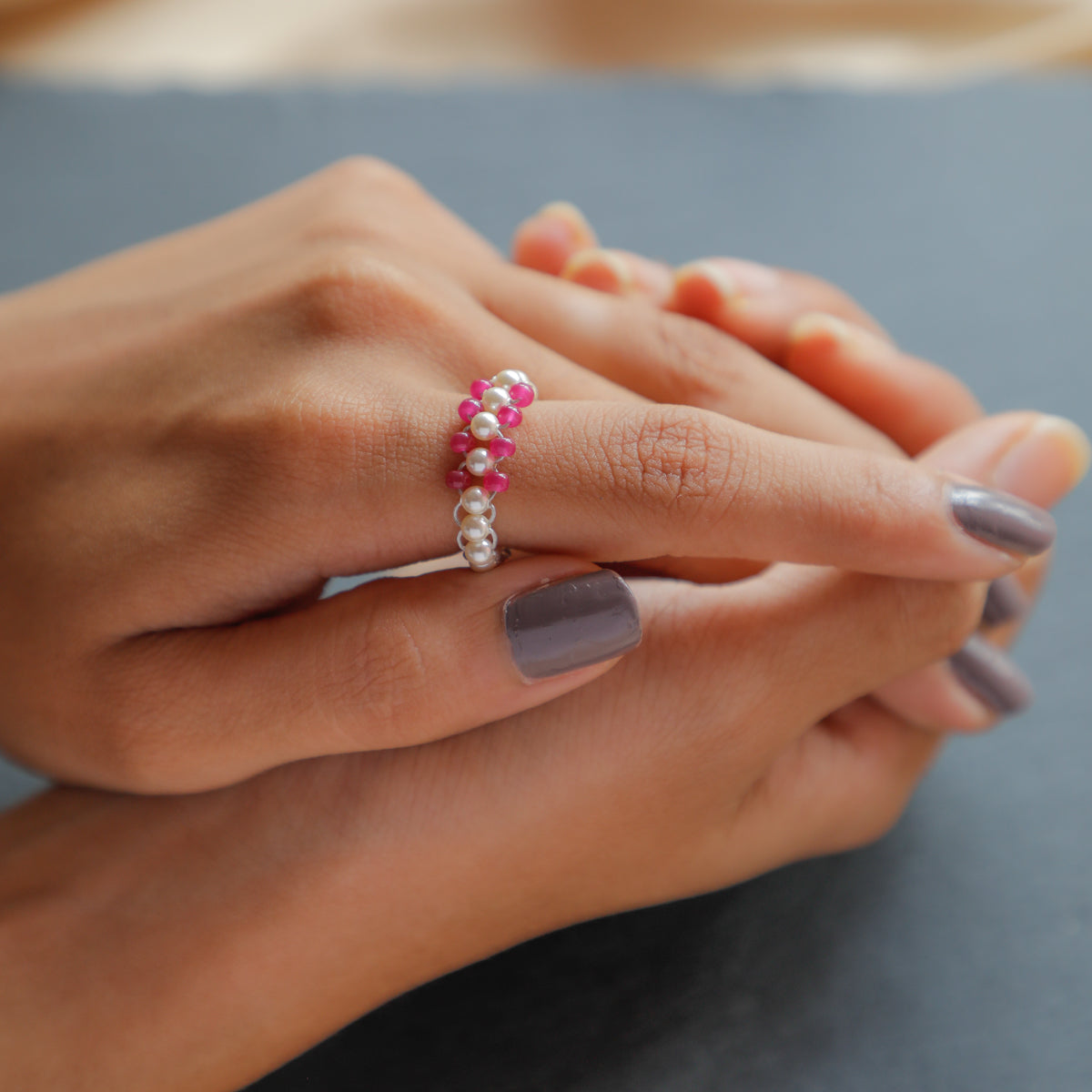 Ruby and Pearl Beaded Ring