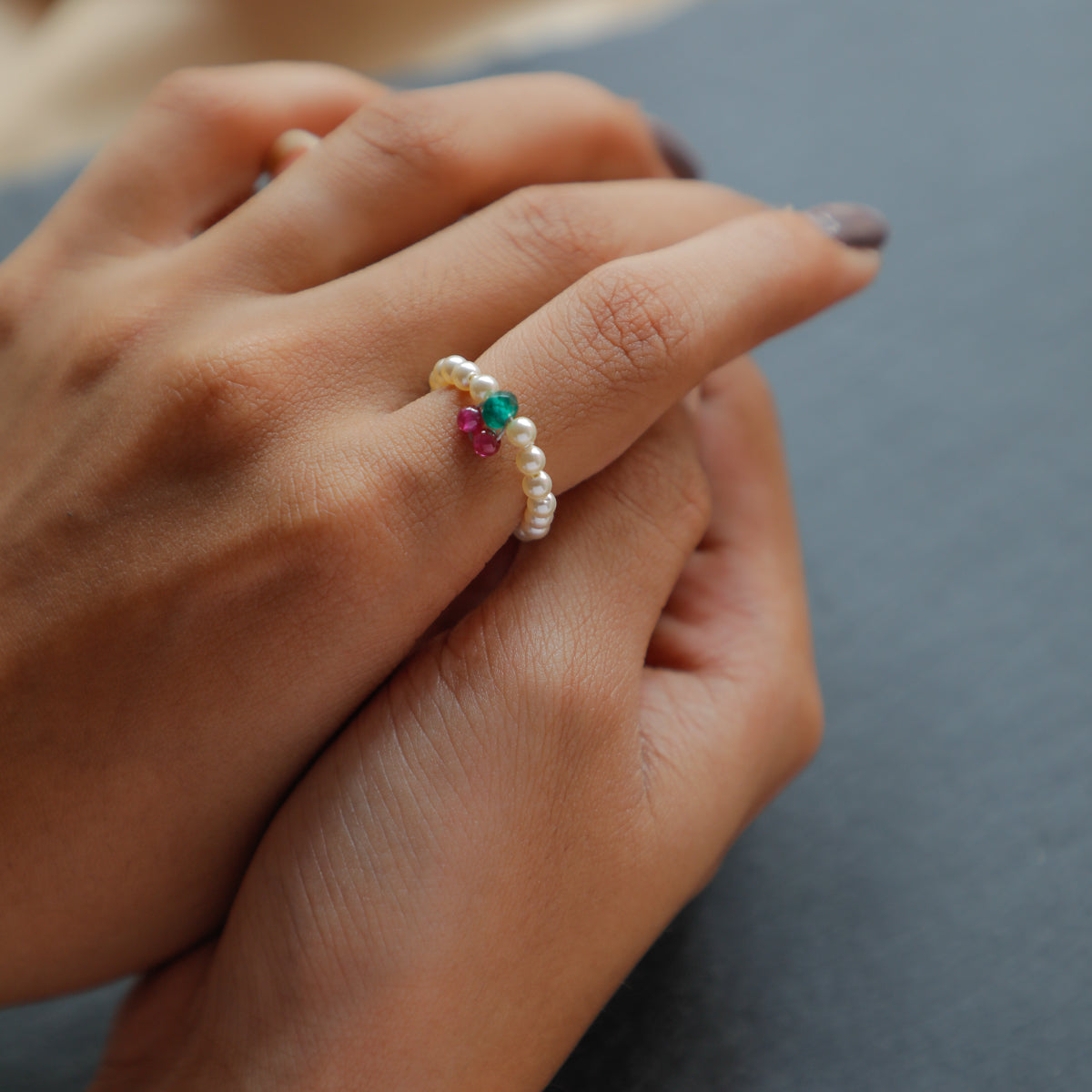 Pearl Beaded Ring with Green Onyx and Ruby