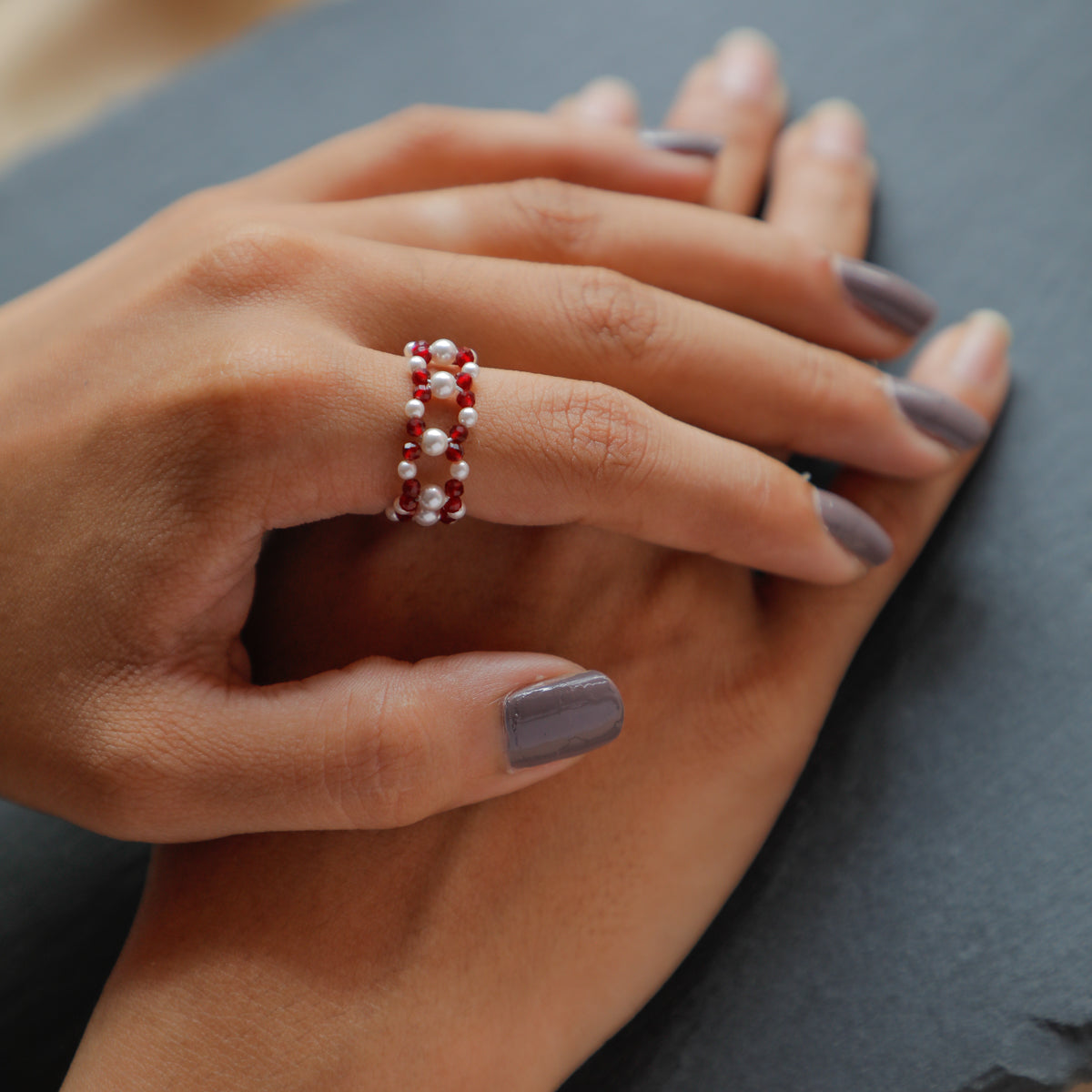 Silver Pearl Ring with Garnet Stones