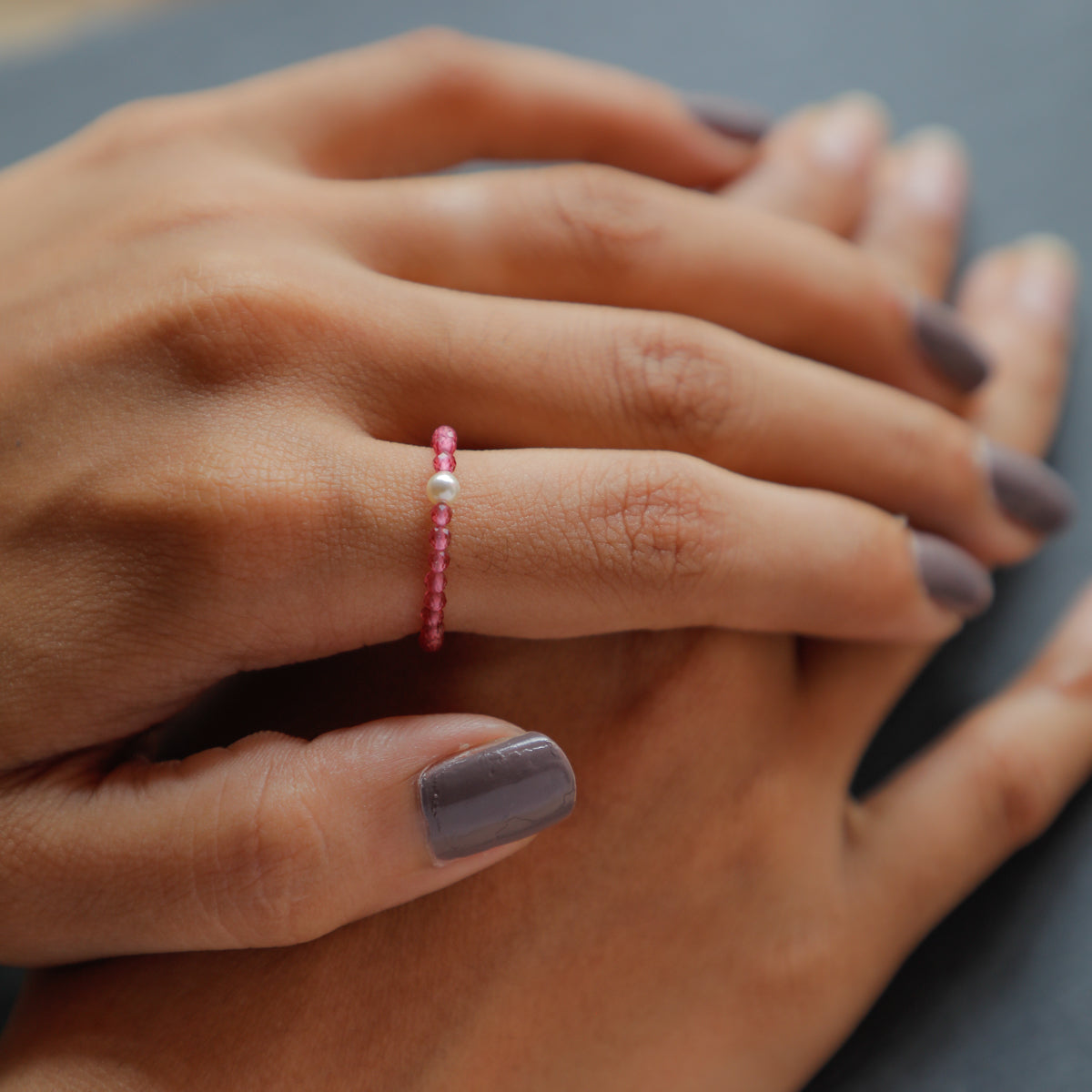 Silver Pearl Ring with Ruby Stones