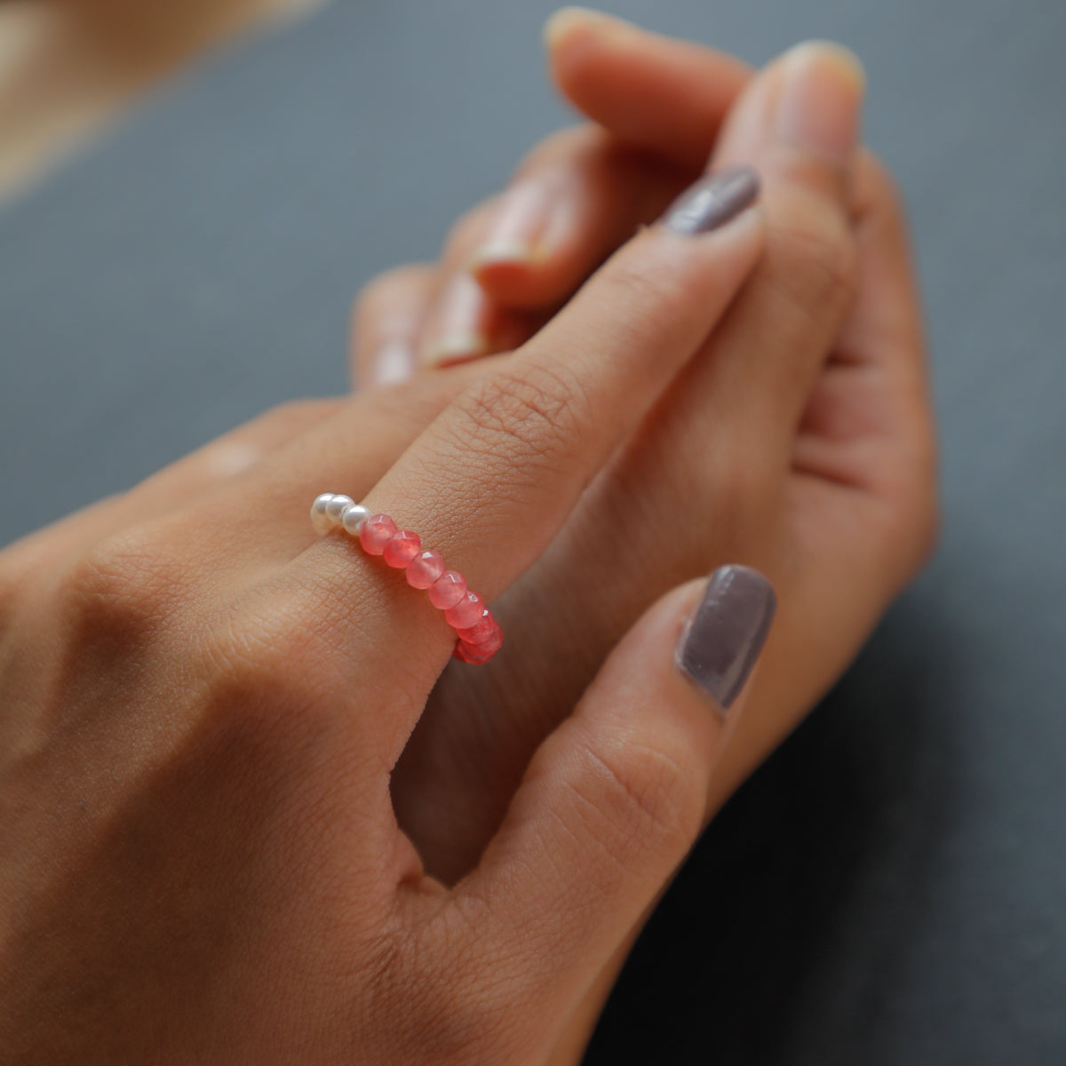 Silver Pearls Ring with Rose Quartz Stones