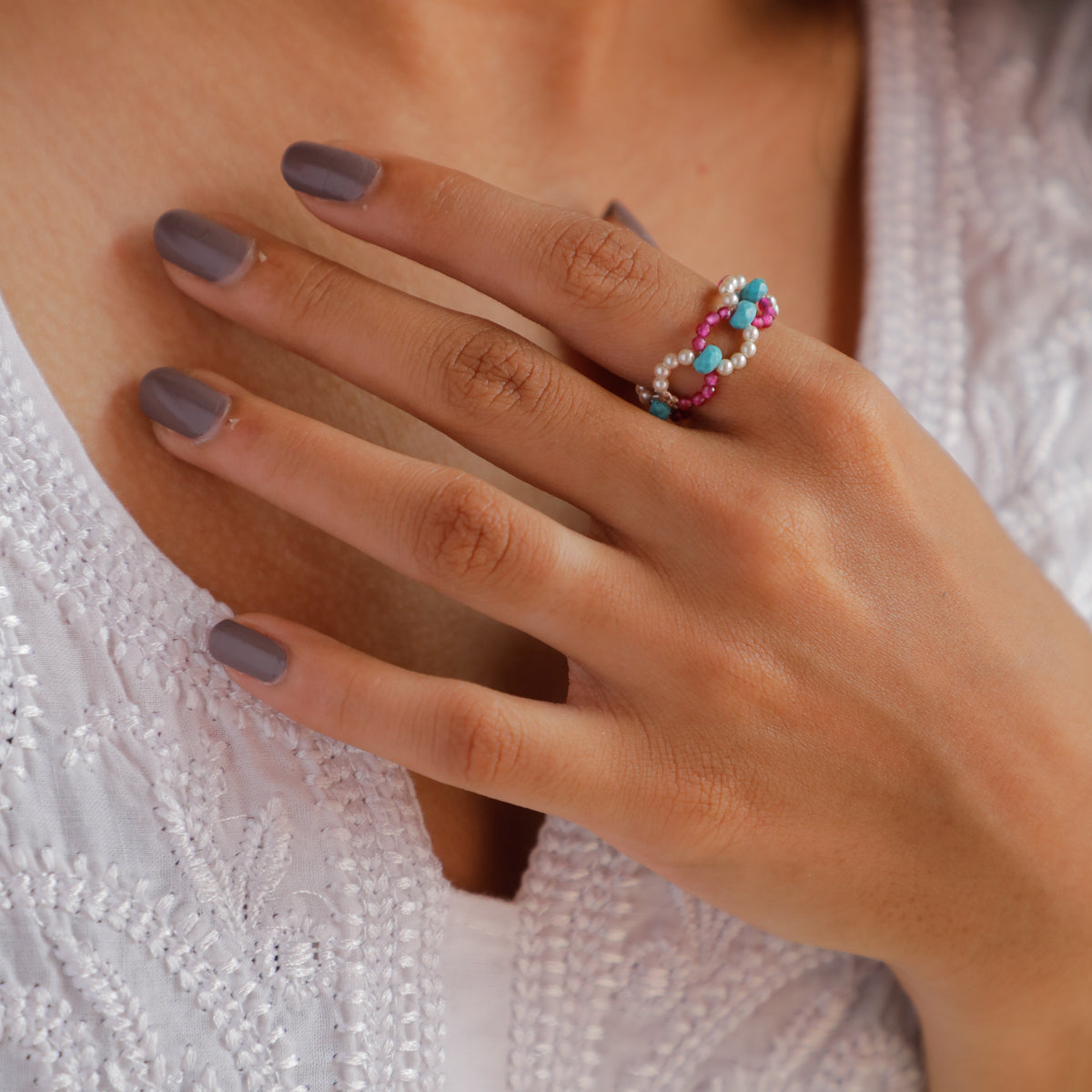 Pearl and Ruby Ring with Turquoise