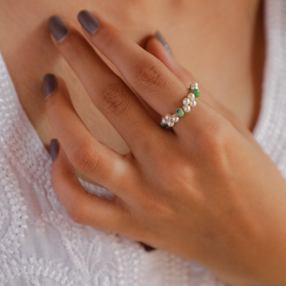 Unakite and Pearls Beaded Ring