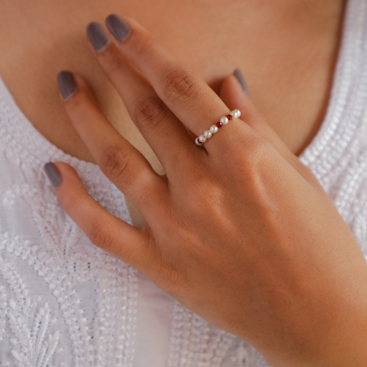 Silver Pearls Ring with Ruby Stones