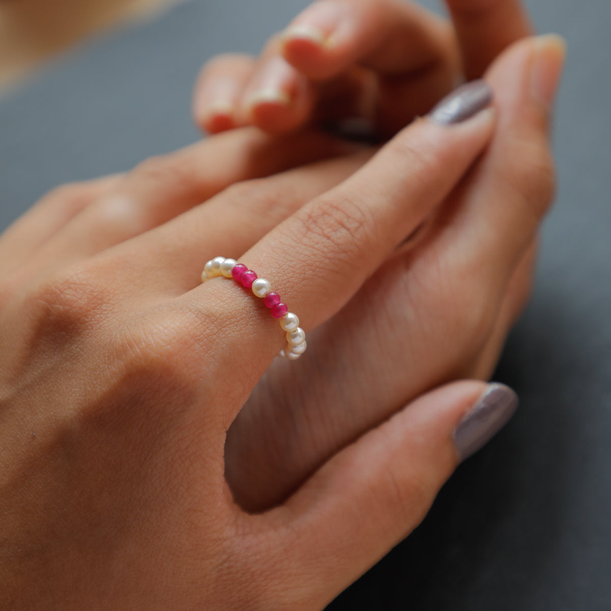 Silver Pearl Ring with Ruby Stones